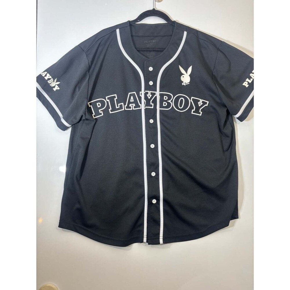 Playboy 53 Embroidered Baseball Jersey Shirt, Black, Men's Size Large
